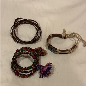 Boho Multicolor Beaded and Brown Leather Bracelet Set